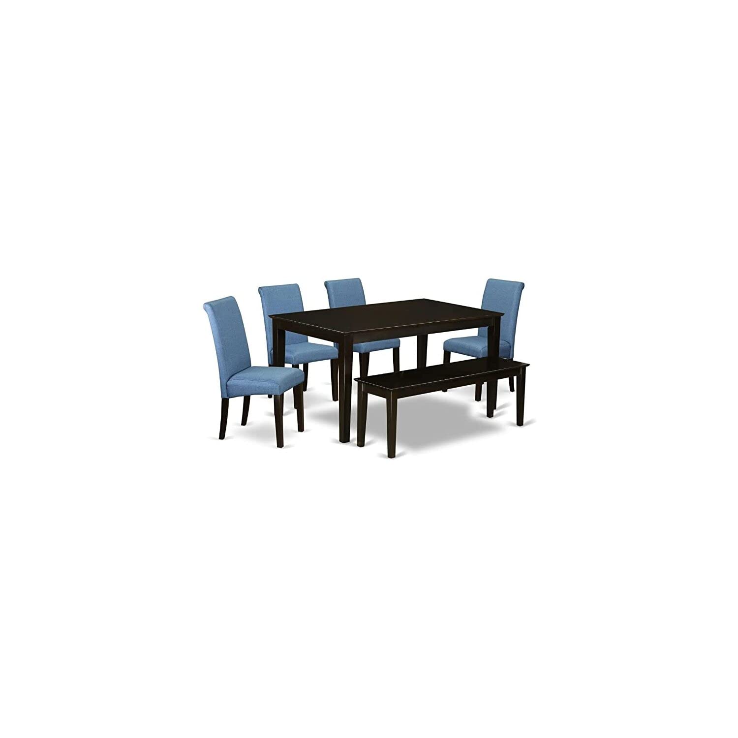 East West Furniture Caba6-Cap-21 6 Piece Modern Dining Table Set Contains A Rectangle Wooden Table And 4 Blue Color Linen Fabric Parson Chairs With A Bench, 36X60 Inch, Cappuccino