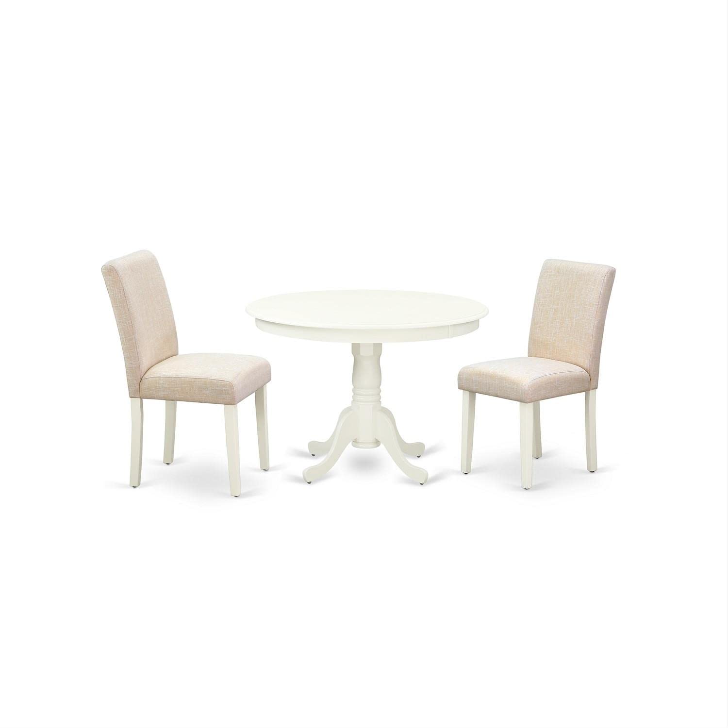 East West Furniture Hlab3-Lwh-02 3 Piece Dining Set Contains A Round Dining Room Table With Pedestal And 2 Light Beige Linen Fabric Upholstered Parson Chairs, 42X42 Inch, Linen White