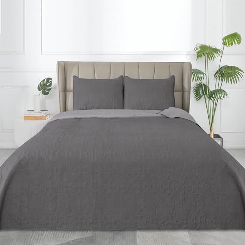 Easy-Going Full/Queen Size Reversible Quilt Set With 1 Quilt And 2 Pillow Shams, Soft Bed Quilt Cover, Water Resistant Lightweight Microfiber Bedspread, Stain Resistant, Damask-Gray/Light Gray