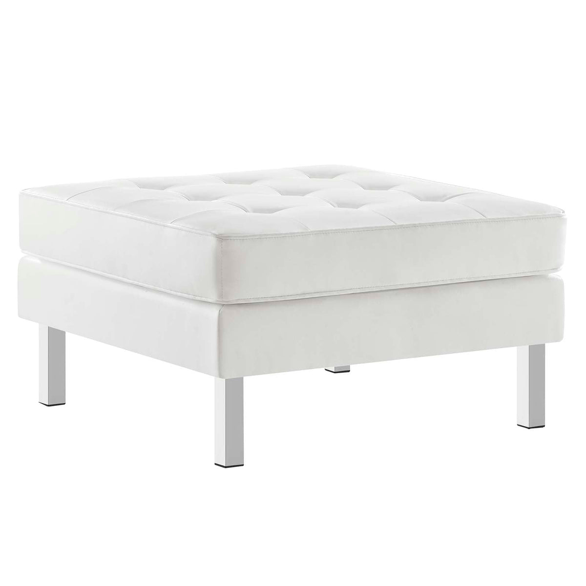 Modway Loft Tufted Button Faux Leather Upholstered Square Ottoman In Silver White
