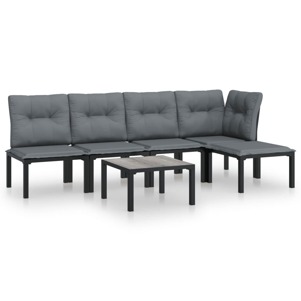vidaXL 6 Piece Patio Lounge Set in Black and Gray with PE Rattan - Includes Chairs, Footstool, and Coffee Table with Padded Cush