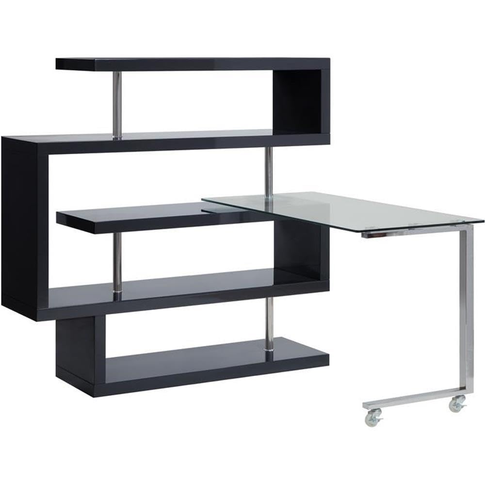 Acme Buck II Glass Top Writing Desk in Chrome and Black High Gloss