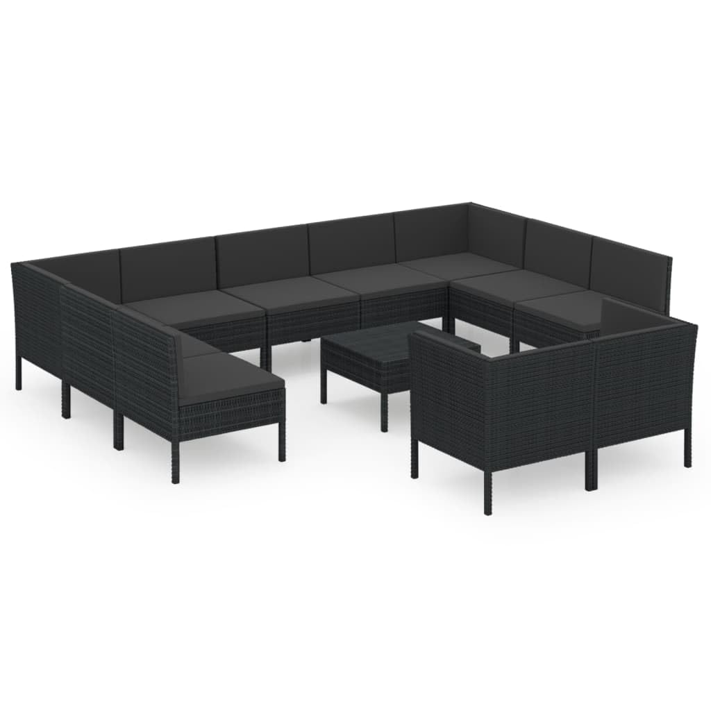 vidaXL Black Patio Lounge Set - 12 Piece Modular Outdoor Furniture with Cushions - Rattan Garden Sofa Set - Weather-Resistant Poly Rattan - Powder Coated Steel Frame