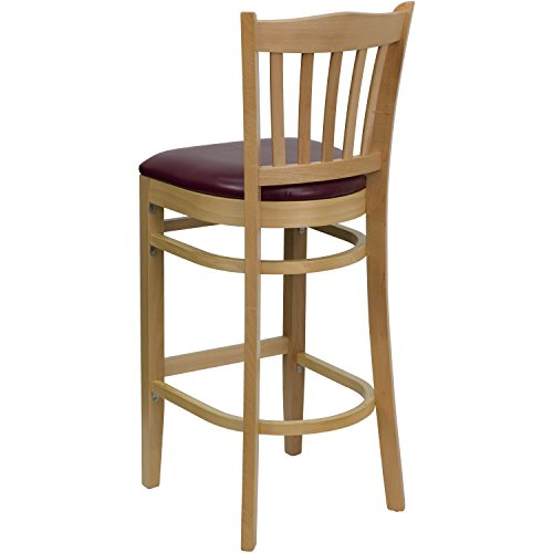 Flash Furniture Hercules Series Vertical Slat Back Natural Wood Restaurant Barstool - Burgundy Vinyl Seat