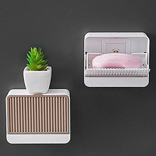 WOPPCART Plastic Soap Dish Tray Holder with Lid Cover | Wall Mounted Soap Box with Lid Single Grid Soap Draining Rack Bathroom S