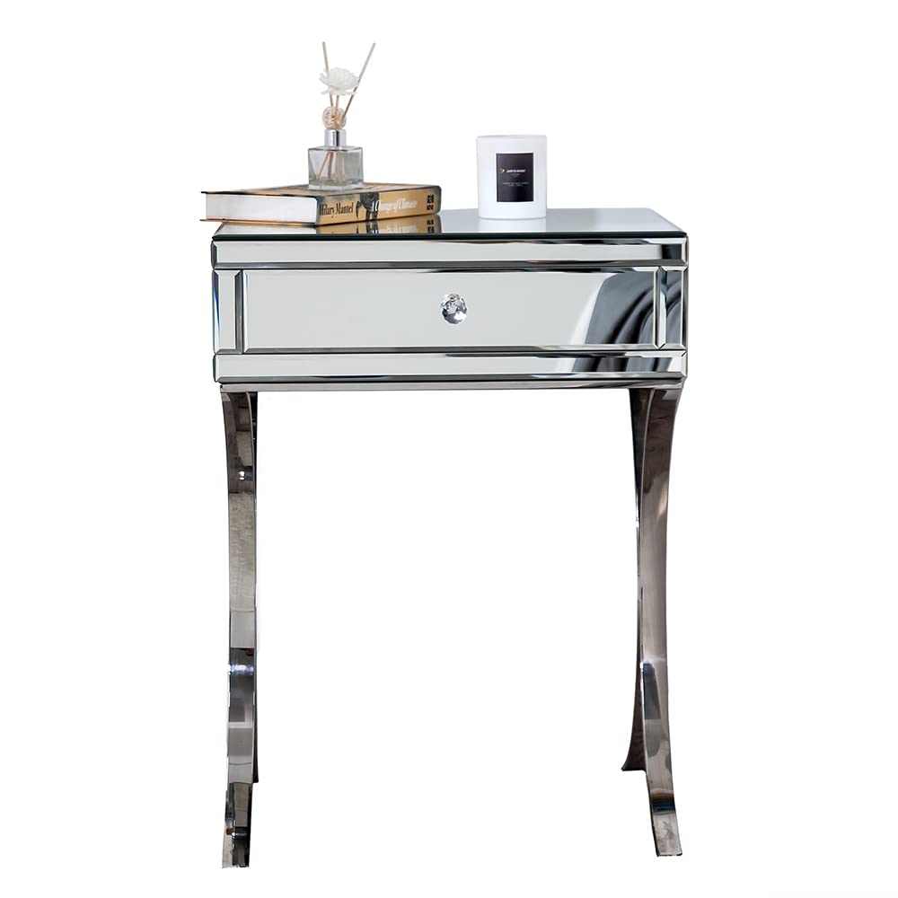 HomeRoots MDF, Glass, Metal Mirrored Silver Finish Nightstand Drawer