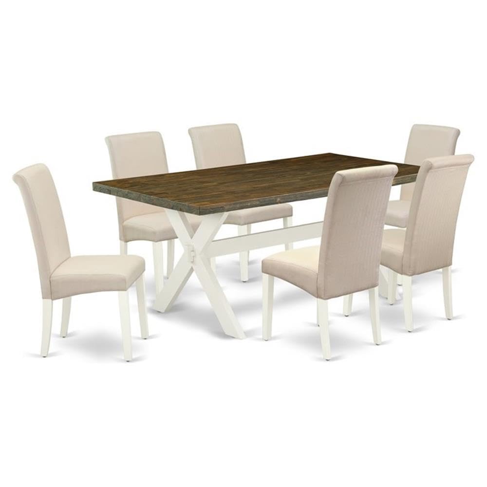 East West Furniture X077Ba201-7 7 Piece Dinette Set Consist Of A Rectangle Dining Room Table With X-Legs And 6 Cream Linen Fabric Upholstered Parson Chairs, 40X72 Inch, Multi-Color