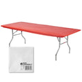 Kwik-Covers Rectangular Plastic Table Covers 8' Bundle Of 5 With Seventy (70) Ohm Commerce Paper Napkins - Indoor Or Outdoor Fitted Table Covers (Table Not Included) (30'X 96' Red)