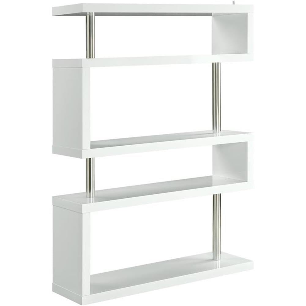 Acme Buck II Wooden Bookcase with Steel Support Pillar in White High Gloss