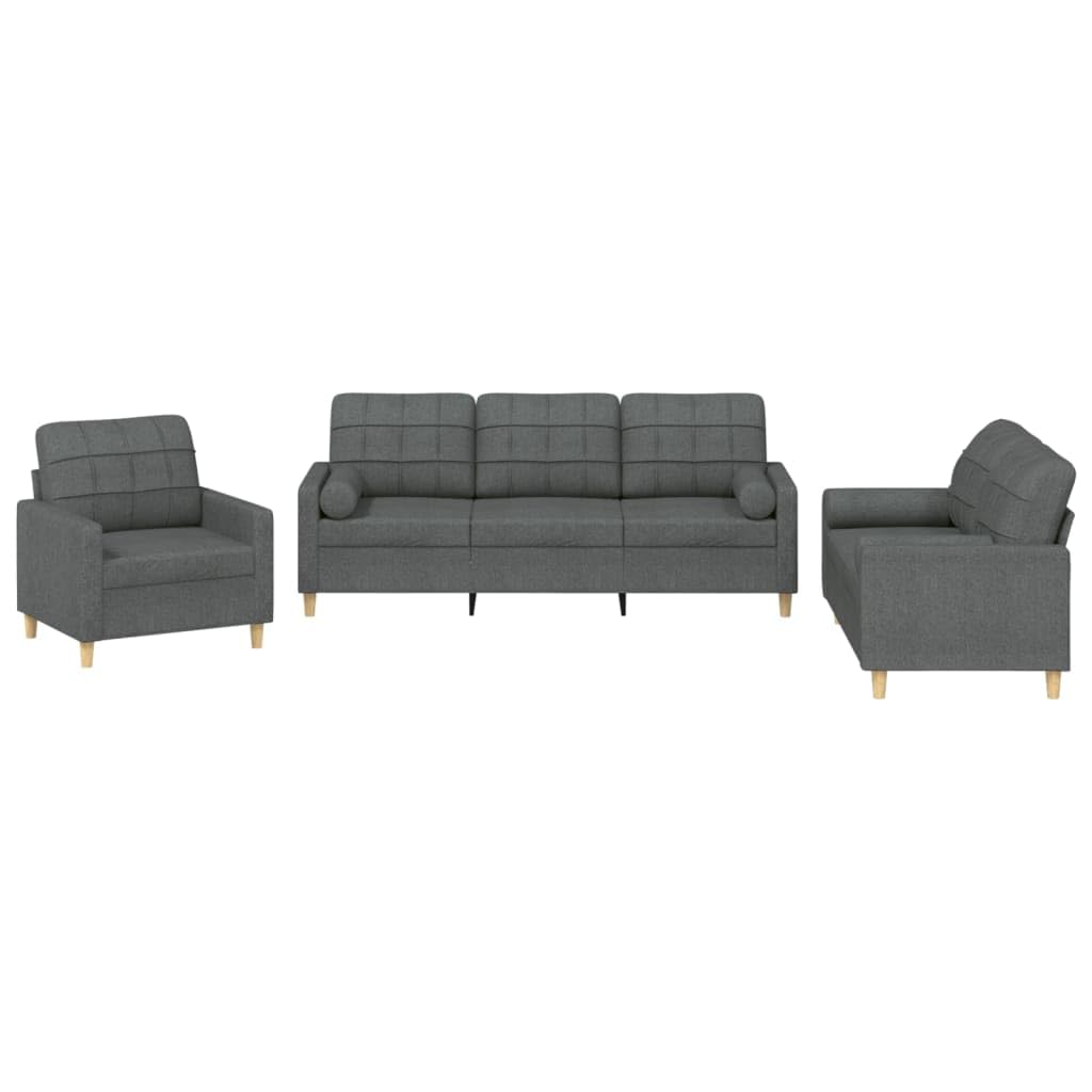 vidaXL Dark Gray 3-Piece Sofa Set Including Single Chair, 2-Seater, 3-Seater with Padded Cushions, Armrests and Back Pillows