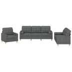 vidaXL Dark Gray 3-Piece Sofa Set Including Single Chair, 2-Seater, 3-Seater with Padded Cushions, Armrests and Back Pillows