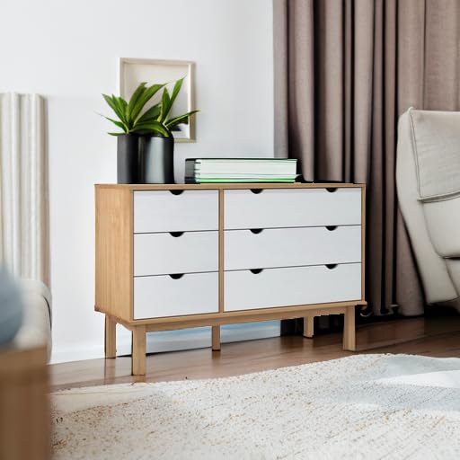 vidaXL Scandinavian Style Drawer Cabinet OTTA – Solid Pinewood, Brown and White, Spacious Storage Space with 6 Drawers, Sturdy Frame and Top, Flexible Installation, Complies with California Propos...