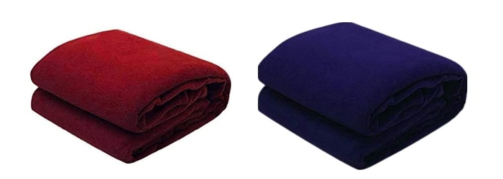 Wavva Plain Fleece 2 Single Bed BlanketsMaroon,Blue (Set of 2), Reversible.