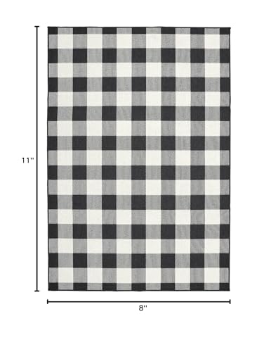 HomeRoots Polypropylene 8’x11’ Black and Ivory Gingham Indoor Outdoor Area Rug