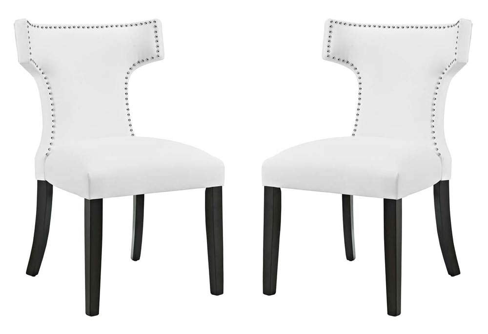 Modway Curve Mid-Century Vegan Leather Upholstered Dining Set With Nailhead Trim In White, Two Chairs