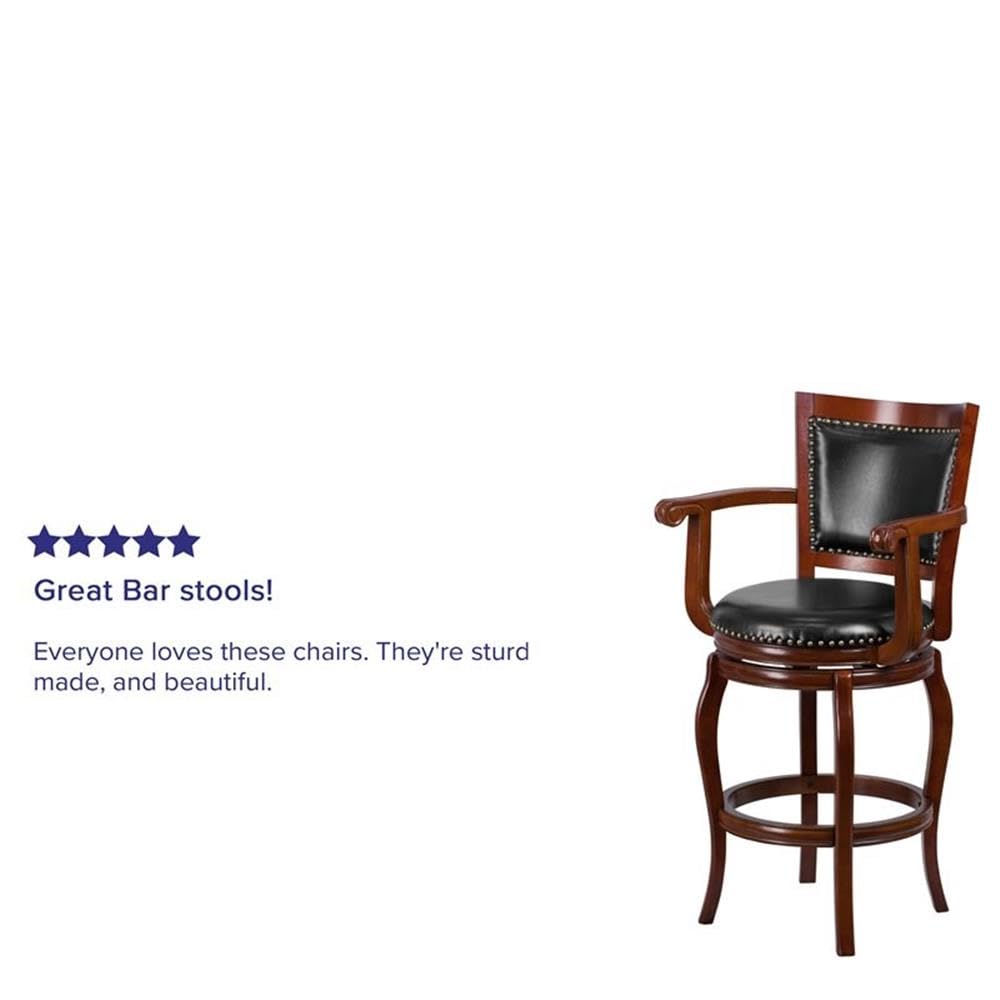 Flash Furniture Vestina 30' Leathersoft Barstool With Footrest And Arms, Classic Ladder Back Upholstered Bar Height Stool, Cherry Wood/Black