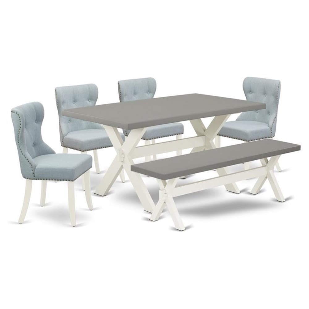 East West Furniture X096Si215-6 6 Piece Dining Room Table Set Contains A Rectangle Kitchen Table With X-Legs And 4 Baby Blue Linen Fabric Parson Chairs With A Bench, 36X60 Inch, Multi-Color