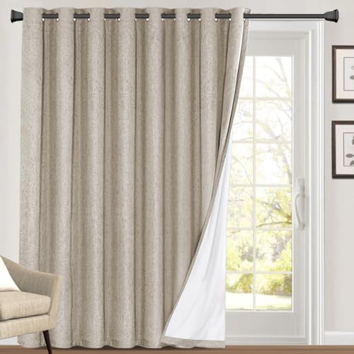 Princedeco Primitive Textured Linen 100% Blackout Linen Look Curtain Patio Door Curtain 96 Inches Long Grommet Top Extra Wide Sliding Door Curtain Panel For Living Room Bedroom, W100 X L96, Stone
