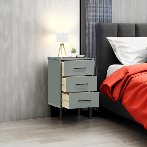 vidaXL Oslo Solid Pine Wood Bedside Cabinet with 3 Drawers and Metal Legs – Gray Finish | Sturdy and Durable Bedroom Furniture | Ample Storage Space