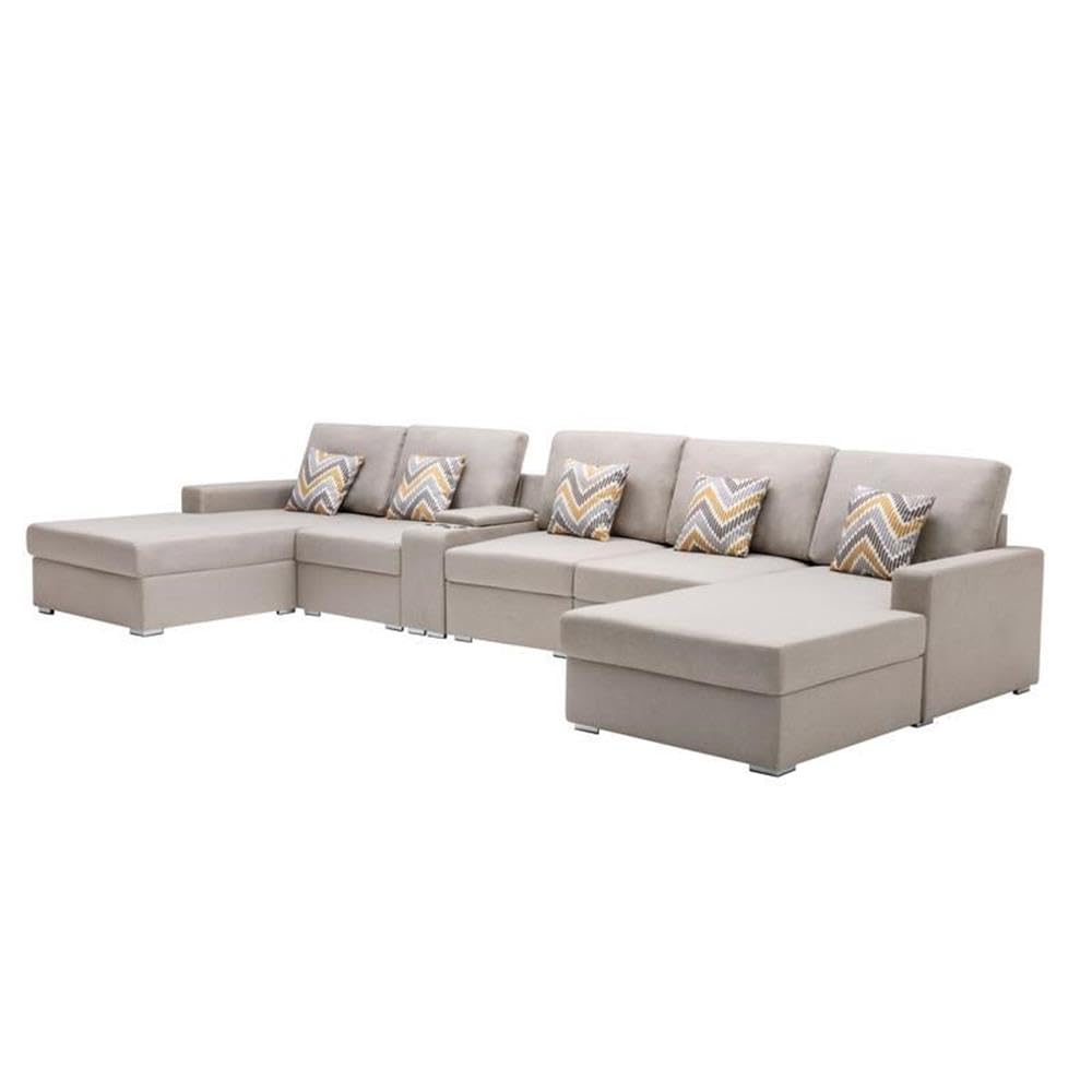 Lilola Home Nolan Beige Linen Fabric 6Pc Double Chaise Sectional Sofa