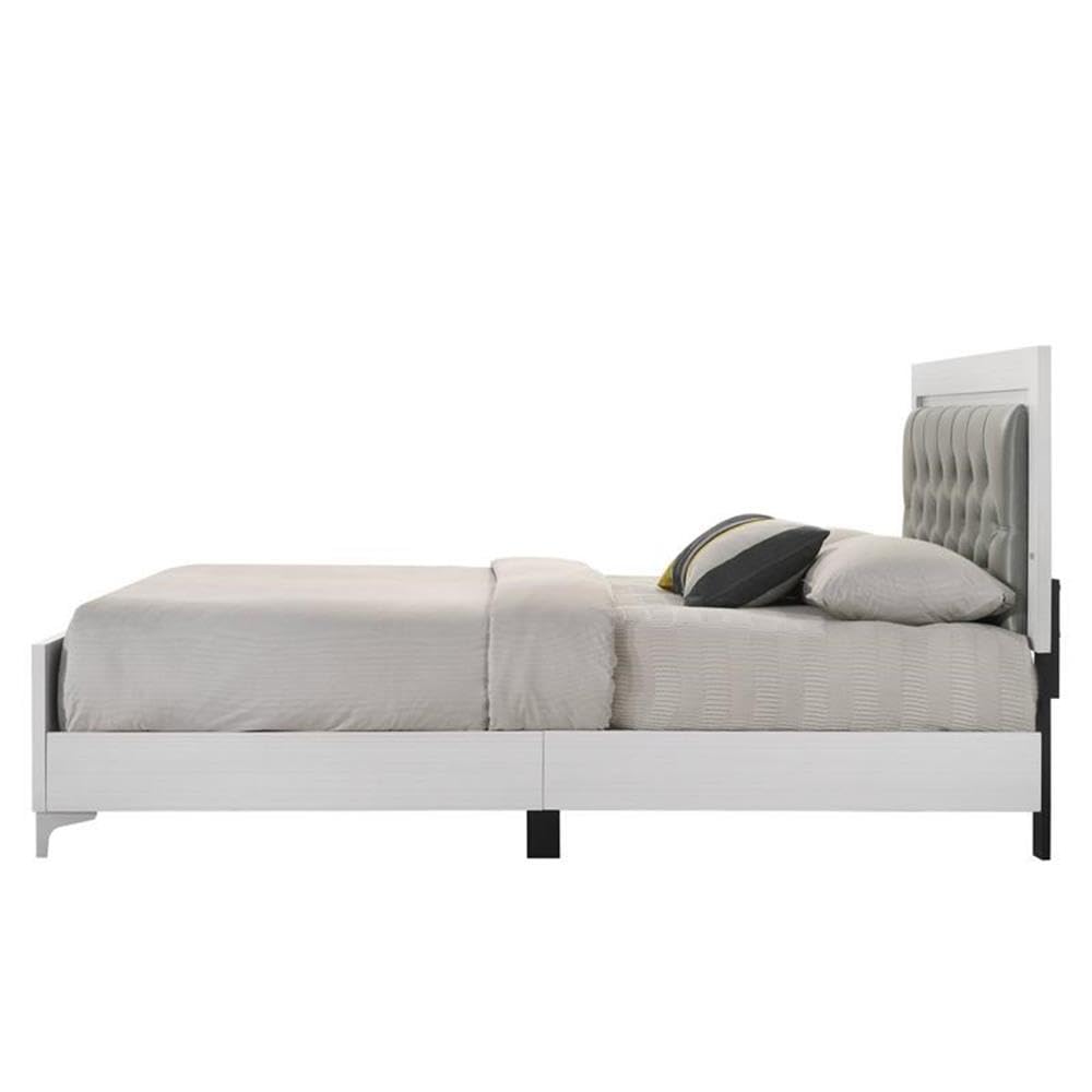 Acme Casilda Faux Leather Tufted Queen Bed with LED in Gray White
