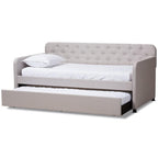 Baxton Studio Camelia Modern and Contemporary Beige Fabric Upholstered Button-Tufted Twin Size Sofa Daybed with Roll-Out Trundle Guest Bed