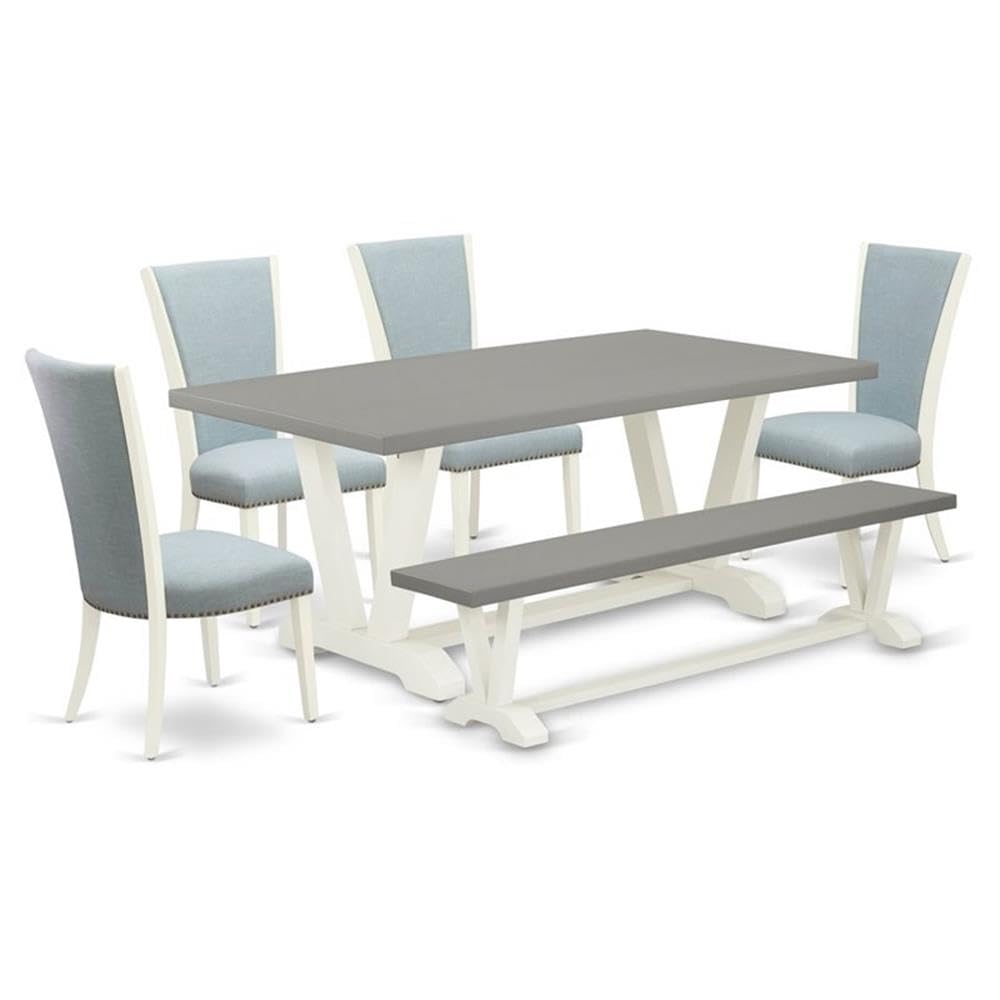 East West Furniture V097VE215-6 6 Piece Kitchen Table Set Contains a Rectangle Dining Table with V-Legs and 4 Baby Blue Linen Fabric Parson Chairs with a Bench, 40x72 Inch, Multi-Color