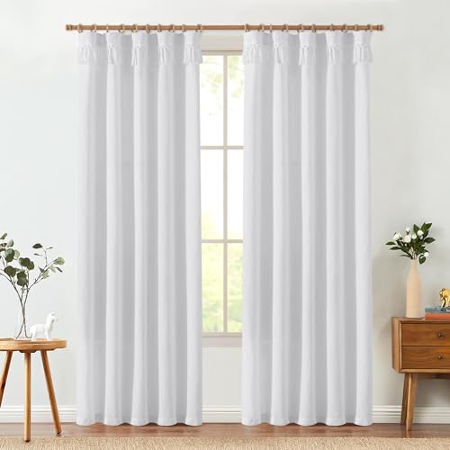 Jinchan Linen Blend Curtains With Tassels, Off White Curtains For Living Room 90 Inches Long, Boho Curtains, Rod Pocket Back Tab Linen Farmhouse Curtains Light Filtering Window Curtain Set 2 Panels