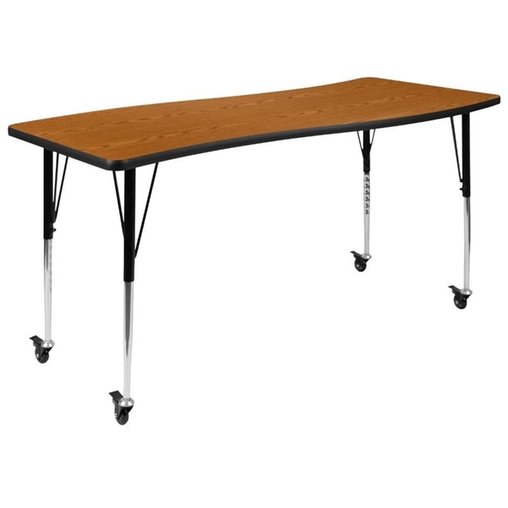 Flash Furniture Mobile 26"W x 60"L Rectangular Wave Collaborative Oak Thermal Laminate Activity Table - Standard Height Adjustable Legs