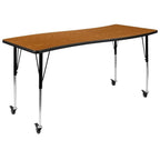 Flash Furniture Mobile 26"W x 60"L Rectangular Wave Collaborative Oak Thermal Laminate Activity Table - Standard Height Adjustable Legs