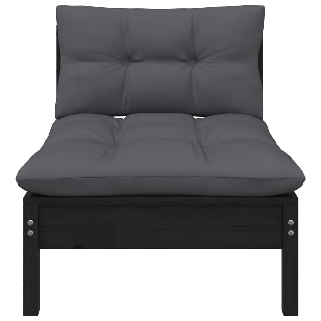 vidaXL Patio Middle Sofa - Comfortable with Cushions - Freestanding Black Garden Furniture - Solid Pinewood Construction - Flexible Modular Design
