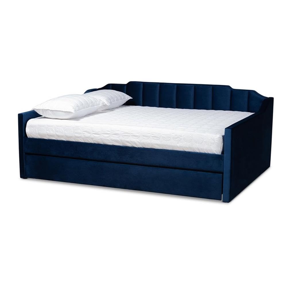 Baxton Studio Lennon Modern and Contemporary Navy Blue Velvet Fabric Upholstered Full Size Daybed with Trundle