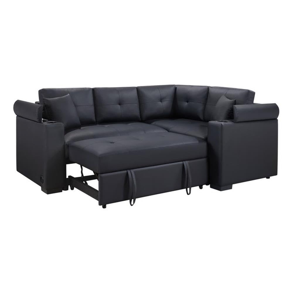 Lilola Home Donovan 84.5" W Black PVC Fabric Sleeper Sectional with USB Charger, Cupholders, Storage Arms