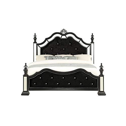 HomeRoots Wood Black Felt Finish King Bed with Crystal Mirrored Embellished