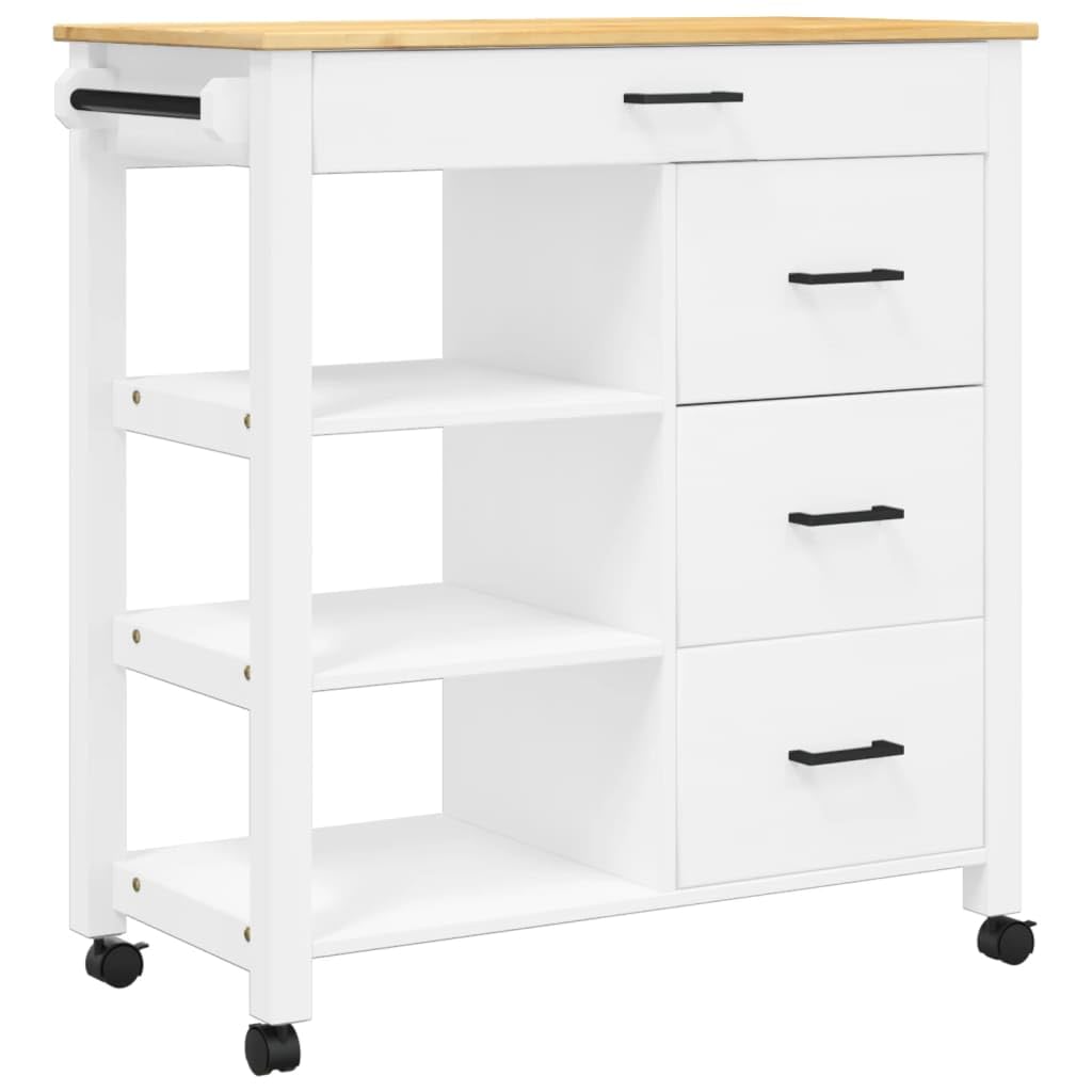 vidaXL Solid Pine Wood Rolling Kitchen Trolley - Vintage White/Honey Wax Finish, Mobile Storage Cart with Drawers/Shelves