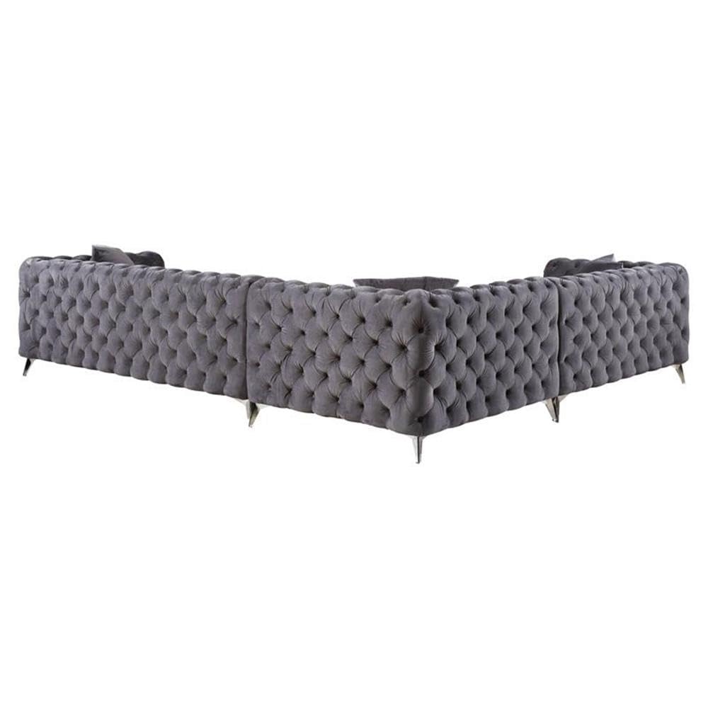 Acme Wugtyx Tufted Sectional Sofa with 3 Pillows in Dark Gray Velvet