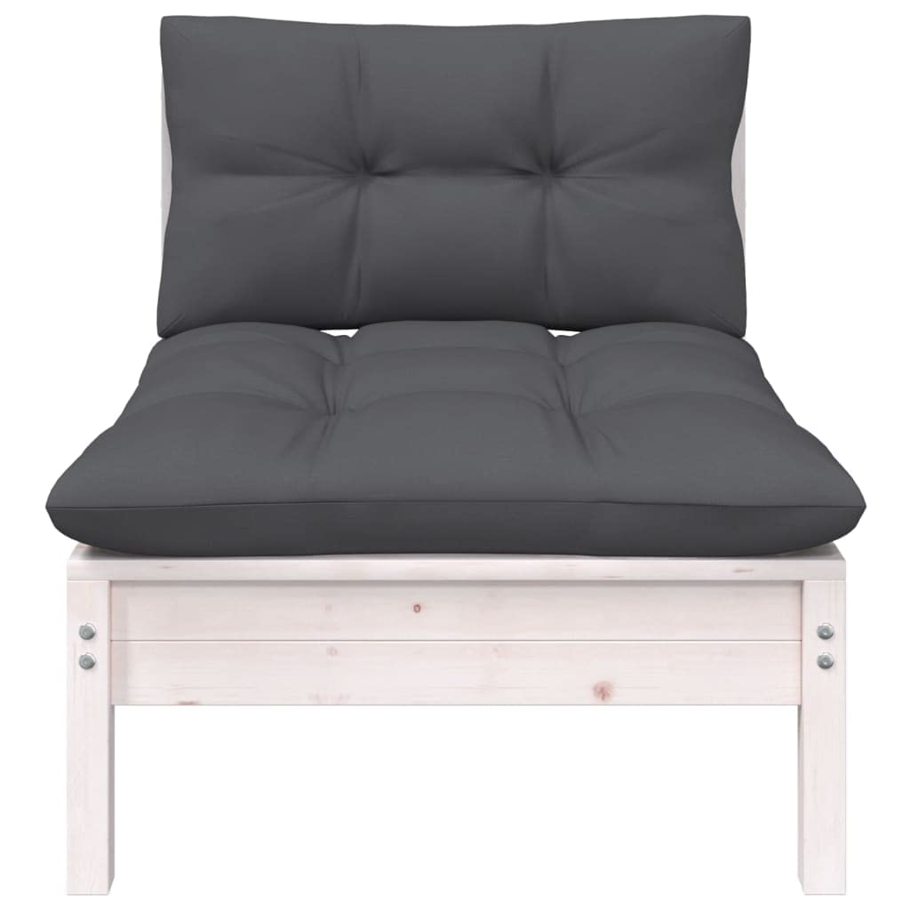 vidaXL Solid Pinewood Patio Middle Sofa - Modular Outdoor Lounge Furniture with Cushions - White and Anthracite