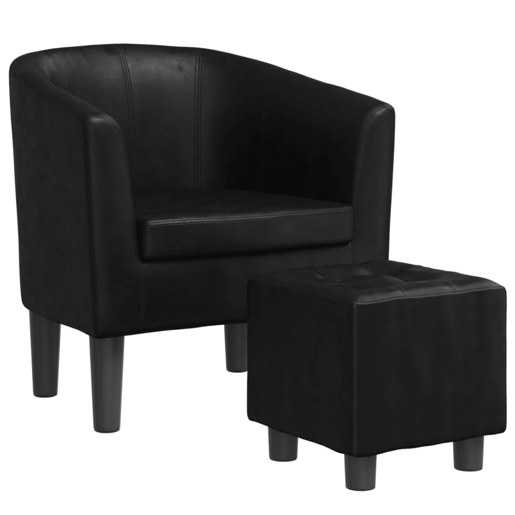 vidaXL Modern Tub Chair with Footstool - Faux Leather Seating for Living Room, Bedroom, Guest Room, or Office - Black