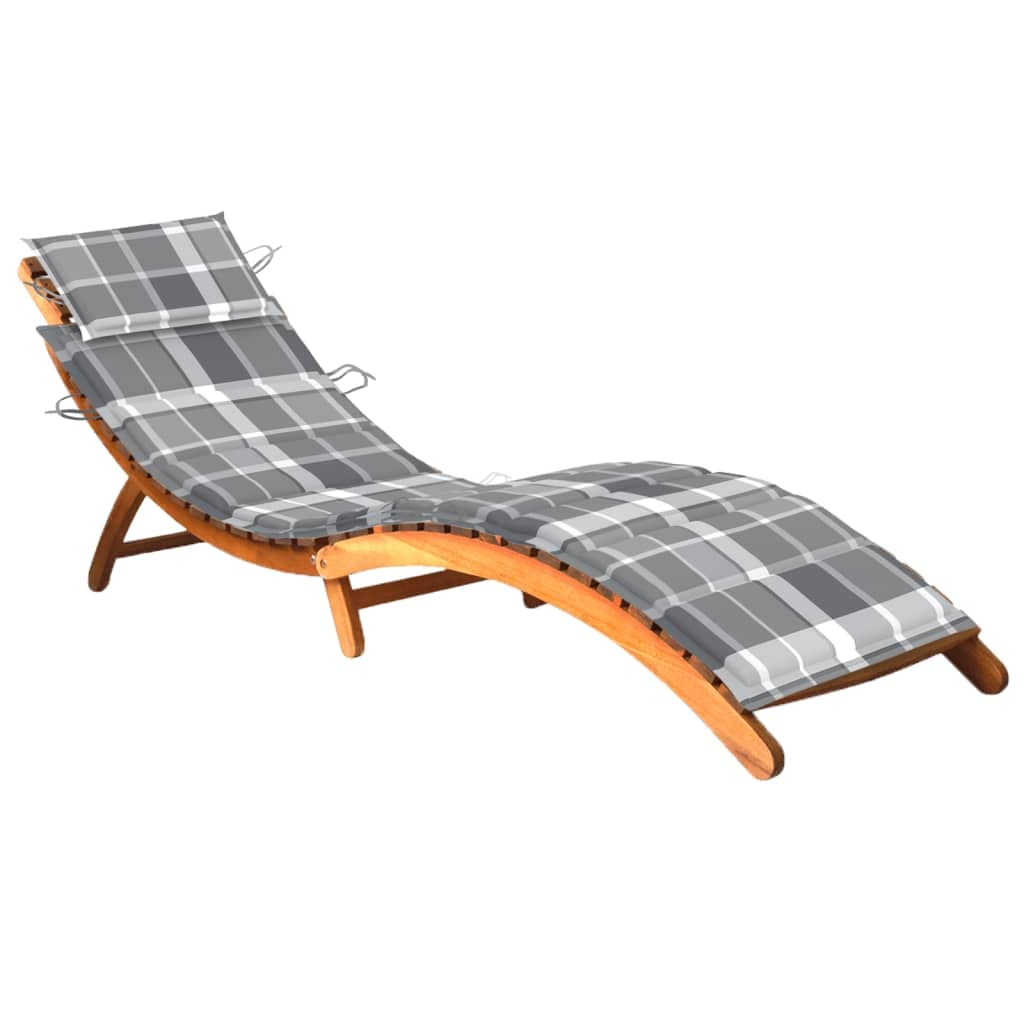 vidaXL Acacia Wood Outdoor Sun Lounger with Ergonomic Design and Foldable Feature - Includes Comfort Cushion in Gray Check Pattern