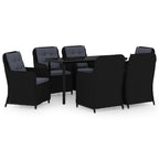 vidaXL 7-Piece Patio Dining Set - Black Steel Frame with Glass Top Table, PE Rattan Chairs, Dark Gray Cushions - Ideal for Outdoor, Patio, Garden, Deck