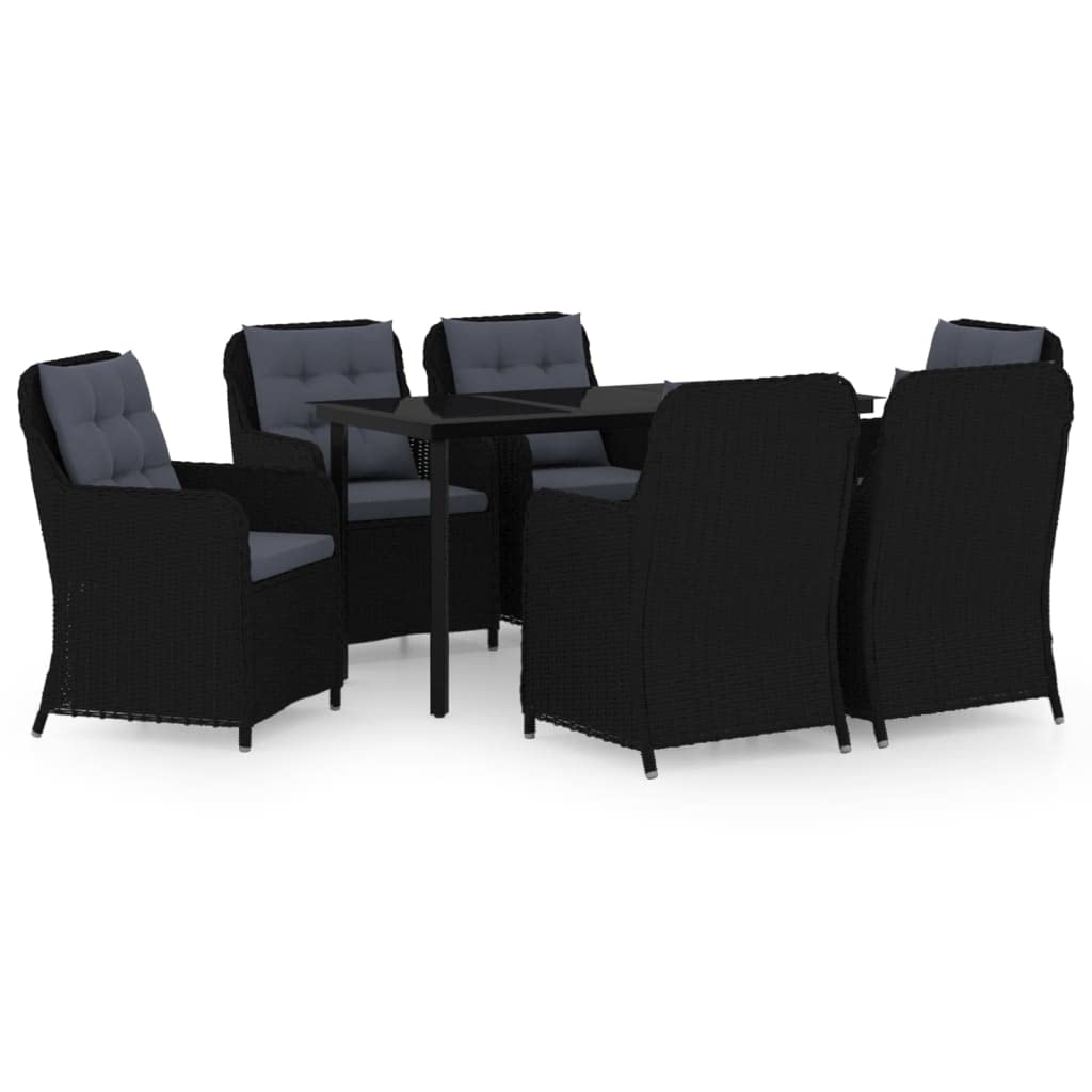 vidaXL 7-Piece Patio Dining Set - Black Steel Frame with Glass Top Table, PE Rattan Chairs, Dark Gray Cushions - Ideal for Outdoor, Patio, Garden, Deck