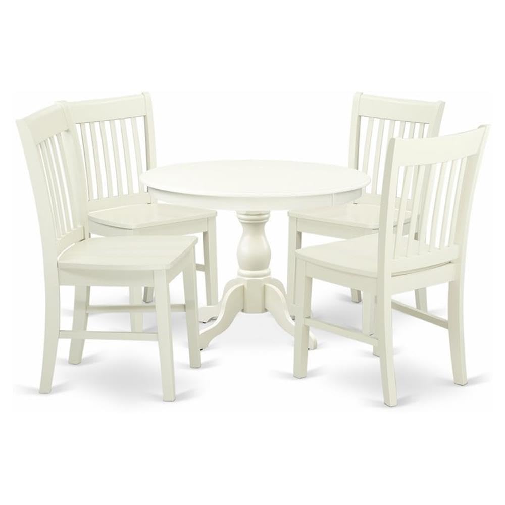 East West Furniture HBNF5-LWH-W 5 Piece Modern Dining Table Set Includes a Round Wooden Table with Pedestal and 4 Dining Room Chairs, 42x42 Inch, Linen White