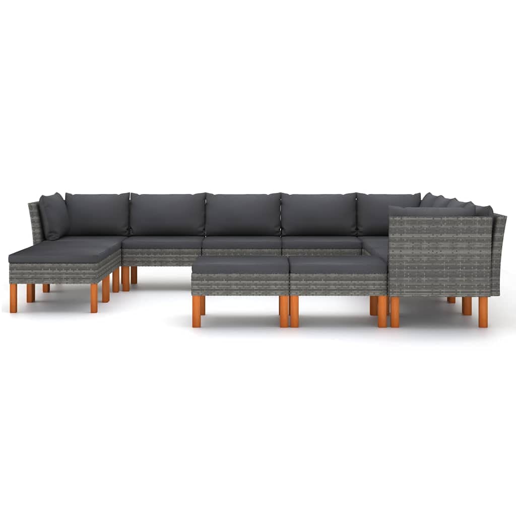 vidaXL Patio Lounge Set - 12 Piece - Gray Poly Rattan, Powder-Coated Steel Frame, Solid Eucalyptus Wood Legs - Includes Thickly Padded Cushions, Removable and Washable Covers