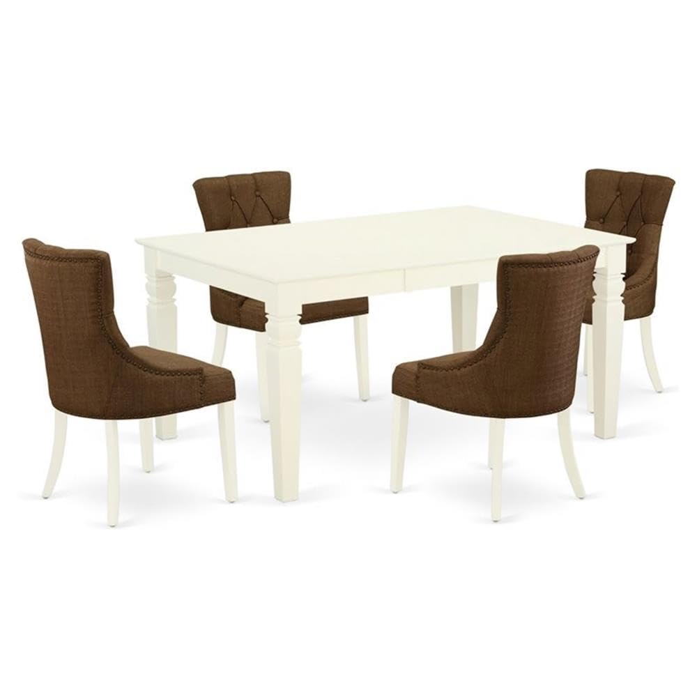 East West Furniture Wefr5-Whi-18 5 Piece Dining Table Set For 4 Includes A Rectangle Kitchen Table With Butterfly Leaf And 4 Brown Linen Linen Fabric Parson Chairs, 42X60 Inch, Linen White