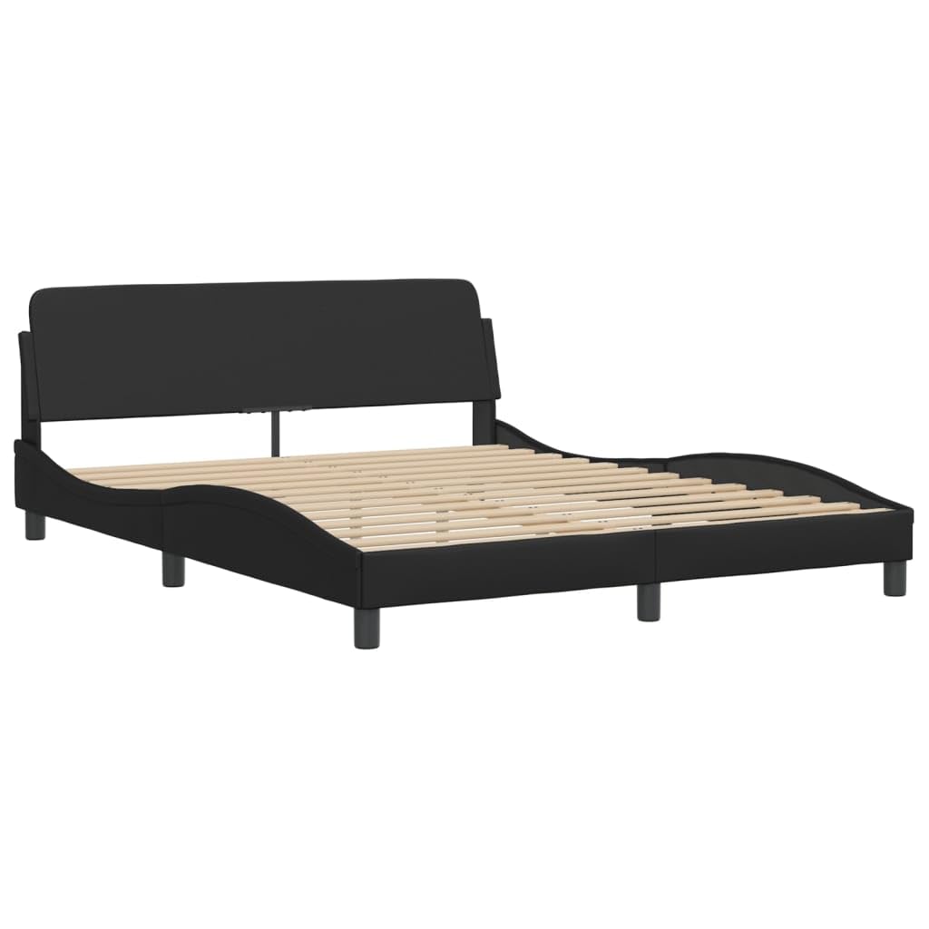 vidaXL Black Double Bed Frame with Headboard - 59.8x79.9 Faux Leather Sturdy Legs Waved Design Elegant Bedroom Furniture