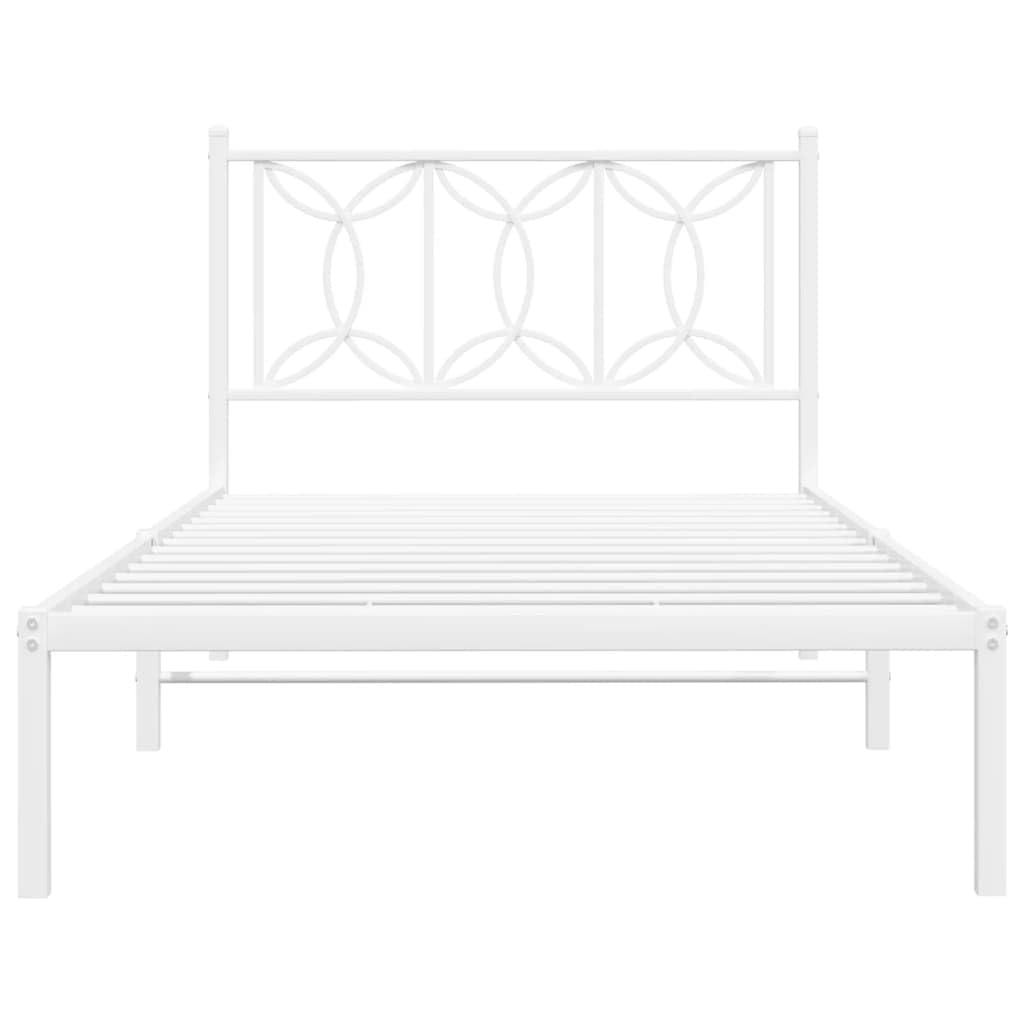 vidaXL White Metal Bed Frame with Headboard – Single Bed Frame with Storage Space, Steel Slats and Legs, 81.5 x 41.3 x 35.4