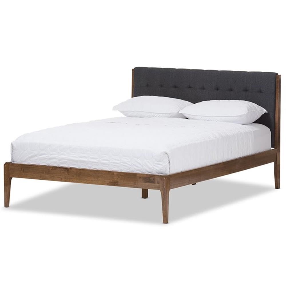 Baxton Studio Clifford Mid-Century Dark Grey Fabric and Medium Brown Finish Wood King Size Platform Bed