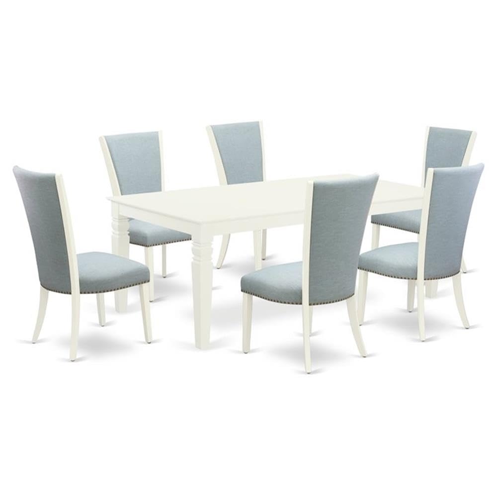 East West Furniture Lgve7-Lwh-15 7 Piece Kitchen Table & Chairs Set Consist Of A Rectangle Butterfly Leaf Dining Table And 6 Baby Blue Linen Fabric Parson Chairs, 42X84 Inch, Linen White