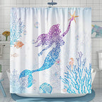 Desihom Cute Mermaid Shower Curtain Set, Glitter Fish Scale Girls Shower Curtains For Bathroom Kids Bathroom Decor Polyester Fab