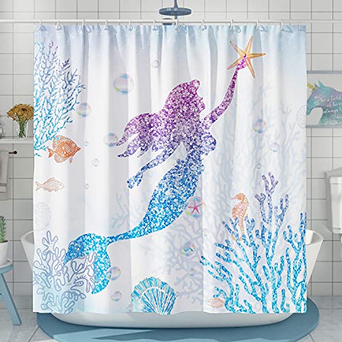 Desihom Cute Mermaid Shower Curtain Set, Glitter Fish Scale Girls Shower Curtains For Bathroom Kids Bathroom Decor Polyester Fab